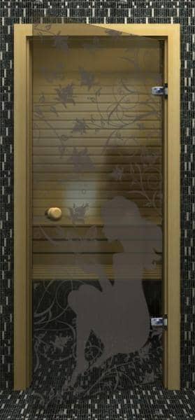 Дверь стеклянная 69х189 ДЕВУШКА С БАБОЧКАМИ серая/сосна правая с круглой ручкой (SUOVI)